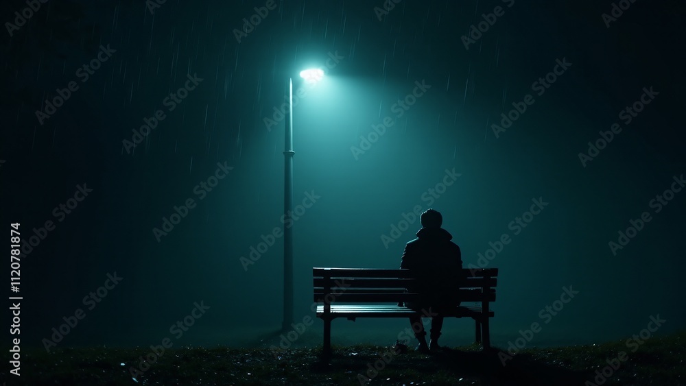 Poster silhouette dissolving into curling shadows on a weathered bench under dim light. a poignant depictio