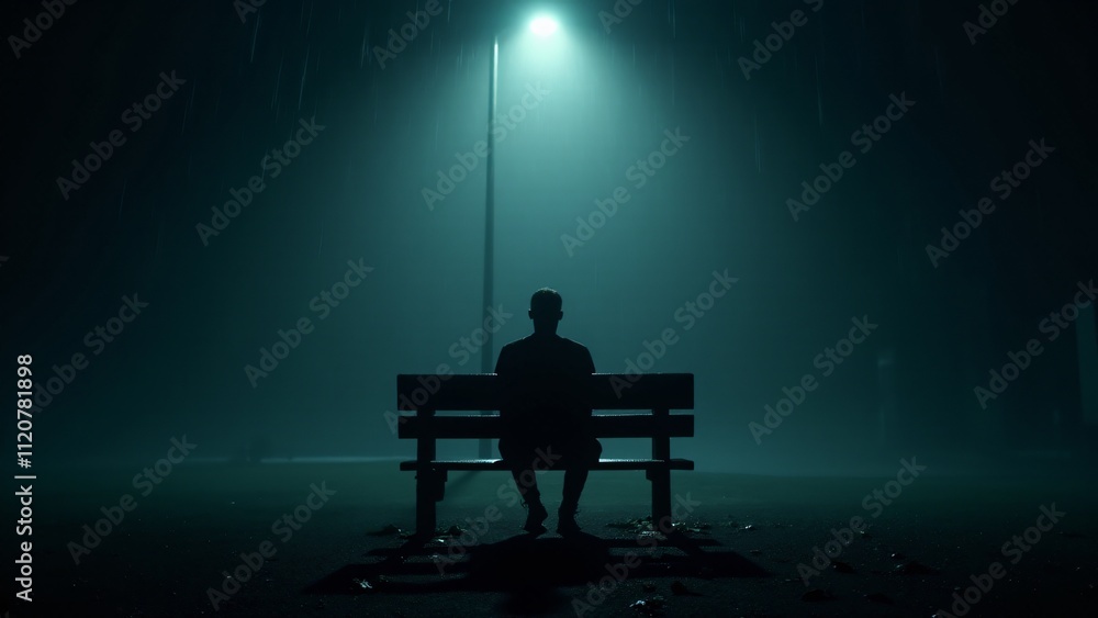Poster silhouette dissolving into curling shadows on a weathered bench under dim light. a poignant depictio