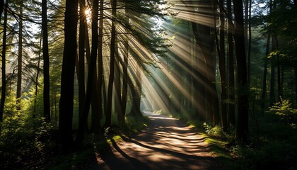 Fototapeta premium Sunbeams illuminating a forest path.