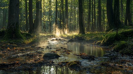 Obraz premium A forest floor after rain, with subtle steam rising from moss-covered rocks, bathed in dappled sunlight, reflecting the moisture and life that thrive in the rich, natural environment.