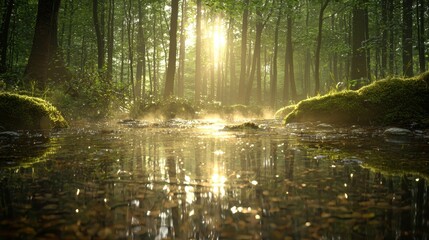 Obraz premium A forest floor after rain, with subtle steam rising from moss-covered rocks, bathed in dappled sunlight, reflecting the moisture and life that thrive in the rich, natural environment.