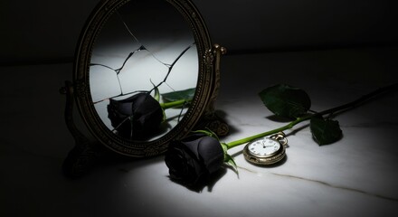 Broken mirror with black rose and pocket watch on marble surface