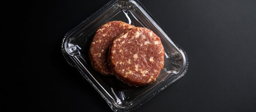 Two raw seasoned burger patties in clear plastic packaging on a dark background. - Powered by Adobe