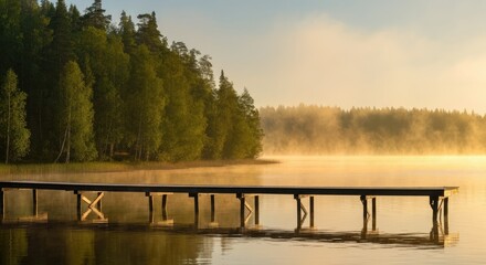 Tranquil wooden pier on serene lake, surrounded by misty forest at sunrise