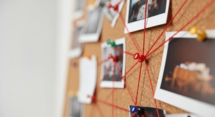 Corkboard with various photos connected by red string