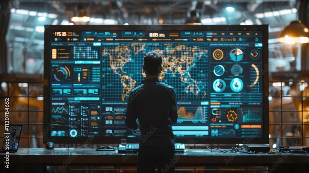 Poster analyzing predictive analytics on a holographic virtual screen in a tech lab environment