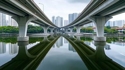 Fototapeta premium Modern urban overpass reflecting in calm water under a cloudy sky in a bustling city