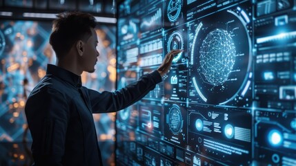 Fototapeta premium Virtual holographic screens showcasing predictive analytics in business environments