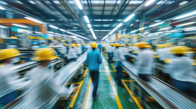 Dynamic workers in motion action shot of a hectic industrial factory floor