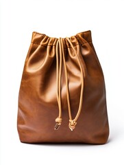 Brown leather drawstring pouch mockup isolated on white background.