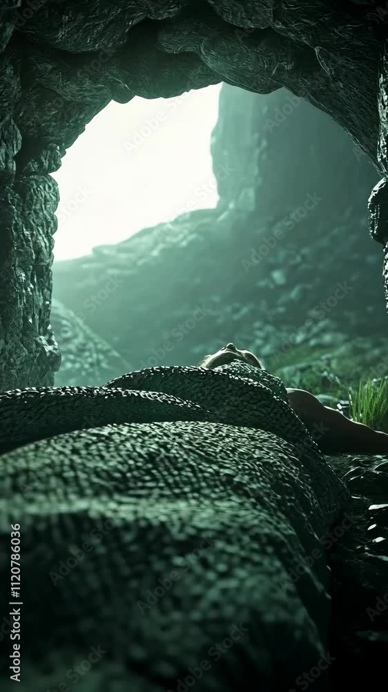 Poster mysterious figure lying on the ground inside a cave illuminated by soft light in a secluded landscap