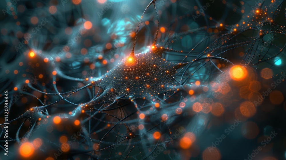 Poster futuristic infographic visualizing neural networks with pulsing nodes in digital space