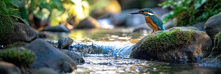Kingfisher perched by a serene stream.