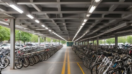 A covered bicycle parking area with a large number of bikes parked in a row