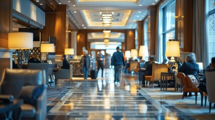 Crowded hotel lobby scene at peak check-in with guest perspective