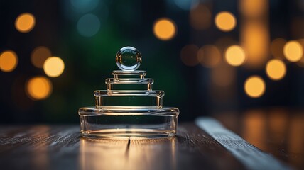 A delicate glass sculpture, featuring a series of stacked rings and a droplet on top, creating a serene atmosphere with soft bokeh lights in the background.