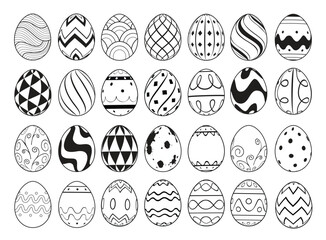 Easter eggs outline drawing flat vector clipart set design. Easter egg clip art in black doodle sketch pattern for spring celebration and traditional egg hunting decoration elements. Vector 