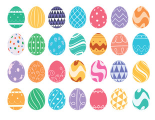 Easter eggs flat clipart drawing set design. Colorful egg clip art in doodle style outline pattern for christian egg hunting decoration spring celebration graphic elements. Vector illustration 