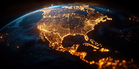 North America illuminated digital globe glowing with golden network lights and connectivity under cyberpunk style