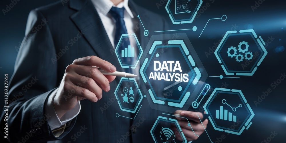 Poster businessman analyzing data and statistics on a digital display