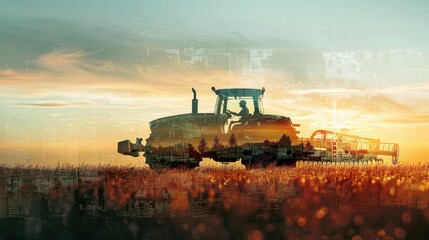 Fototapeta premium Innovative aerial perspective of agricultural landscape with tractor and satellite imagery