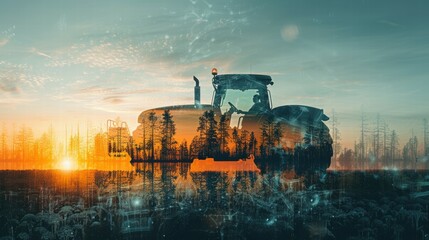 Fototapeta premium Tractor silhouette under starry sky nighttime double exposure in agriculture
