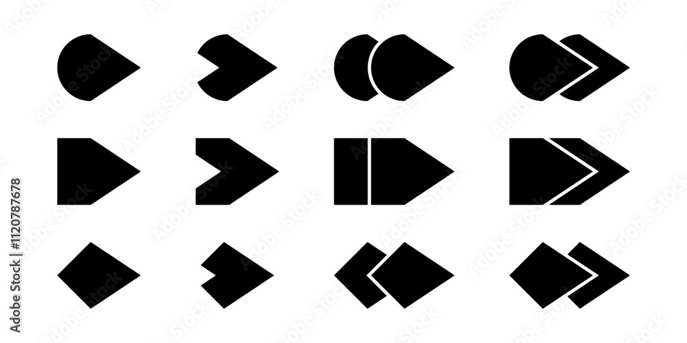 Poster set of bullet arrow icon silhouettes. arrowhead symbol. simple design isolated on white background
