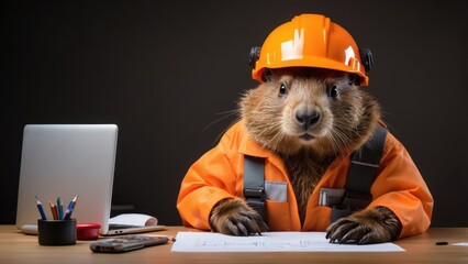 On a brown background, a beaver wearing a protective orange helmet and a serious expression while clutching a plan and pencil in its paws is an engineer working on a project.