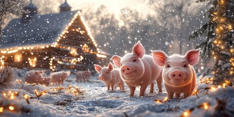 Adorable Pigs in Snowy Winter Wonderland Christmas Scene