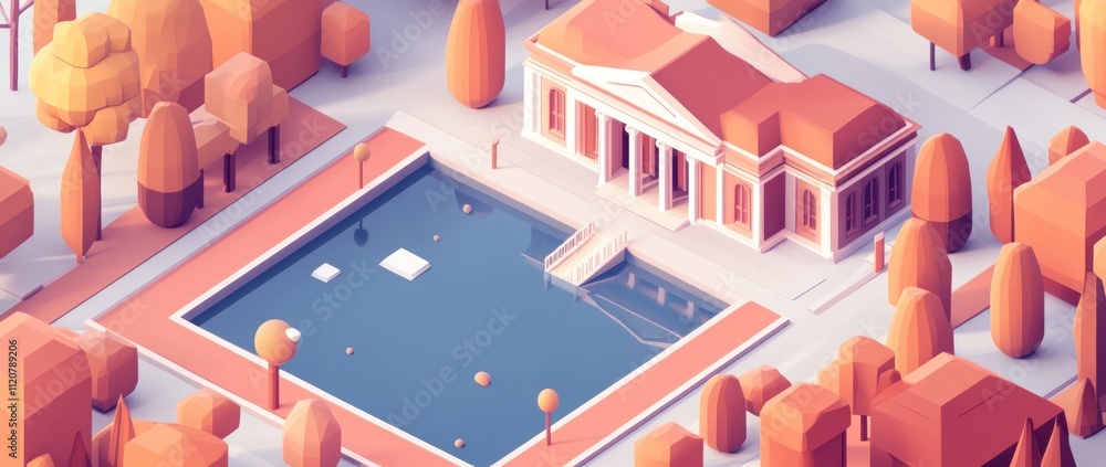 Poster a serene architectural scene with a pool and trees.