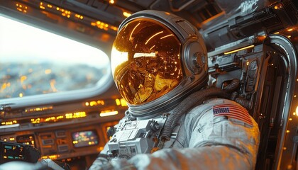 Astronaut in Spacecraft with Golden Visor