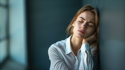 Fototapeta premium Corporate executive leans against wall reflecting work-life balance challenges