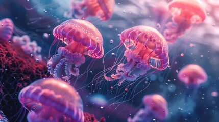 Naklejka premium Mesmerizing Dance of Pink Jellyfish in Vibrant Ocean