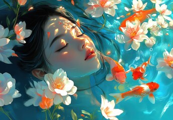 Illustration of a beautiful woman's face watering the clear water of a koi lotus flower.