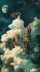 Fototapeta premium Fairytale Dream: A Woman in White Floating Above a Cloud Castle