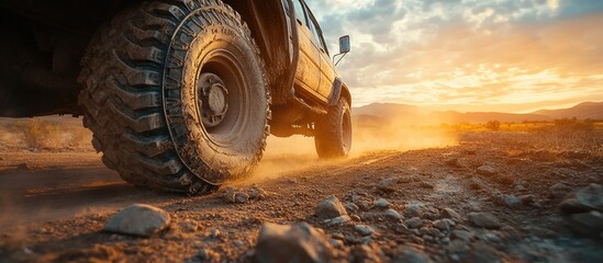 Sunset Off-Road Adventure: 4x4 Truck Driving on Dusty Trail