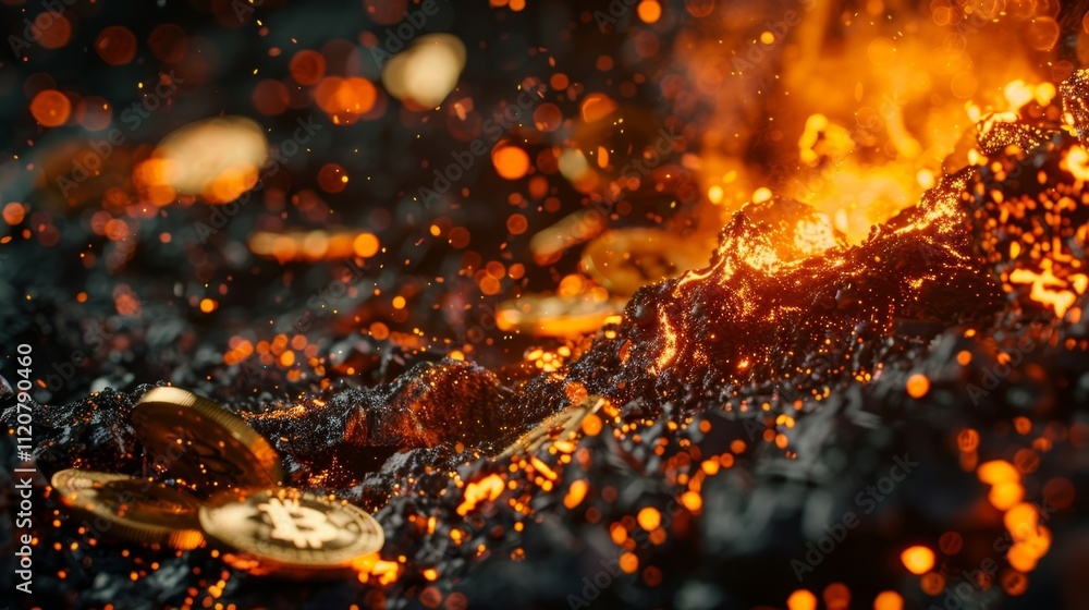 Poster a molten lava flow cascading down a volcano with digital coins forming a trail behind it symbolizing