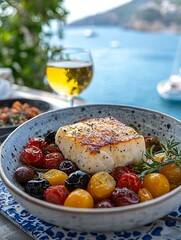 Grilled Cod with Roasted Cherry Tomatoes and Olives, Served Outdoors with a Glass of Wine.
