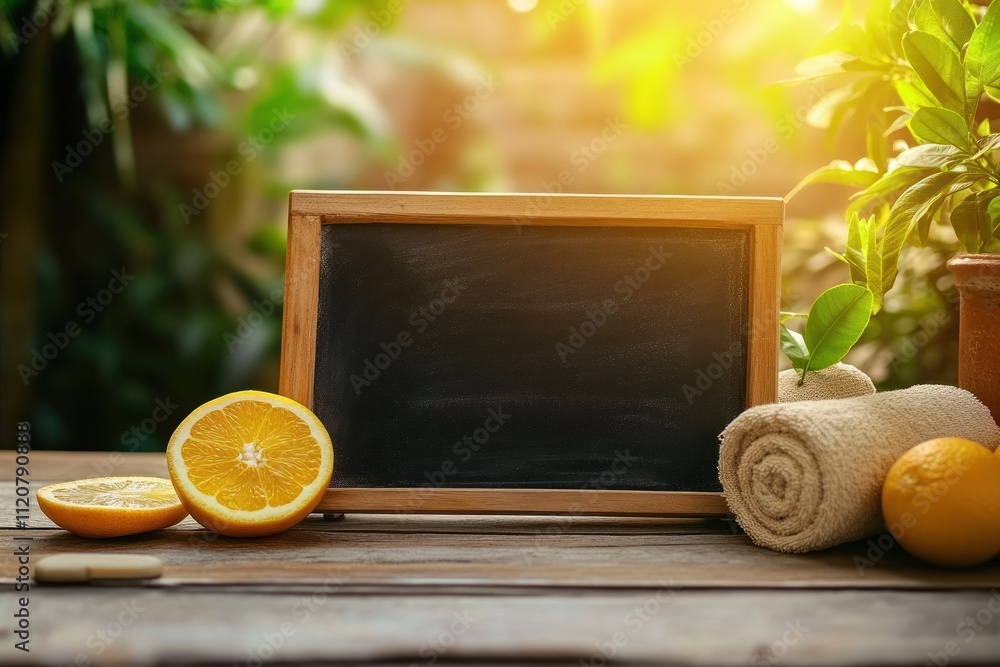 Poster A rustic setting with oranges and a chalkboard.