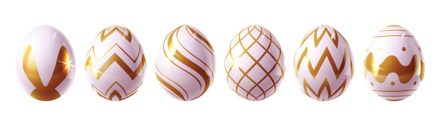Easter eggs elegant clipart set. Elegant white egg with gold printed pattern like bunny, zigzag, spiral, checkered and curve in glossy and shiny clip art graphic elements. Vector illustration easter 