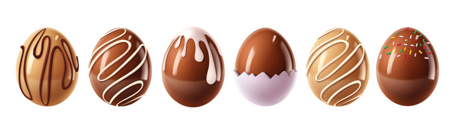 Easter eggs chocolate clipart set. Chocolate egg clip art with milk toppings and sprinkles sweet dessert for hunting graphic elements. Vector illustration easter choco collection.
