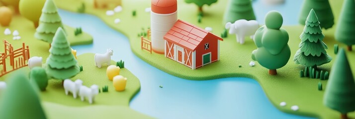 Colorful miniature farm landscape with animals and trees.
