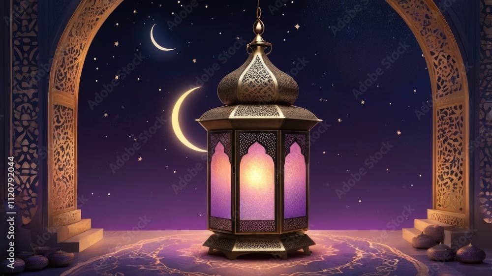 Aufkleber intricate arabic patterns and a crescent moon frame a glowing lantern in this stunning design.intric