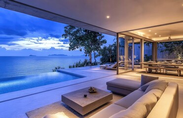 Obraz premium Modern luxury villa with infinity pool, ocean view at dusk.