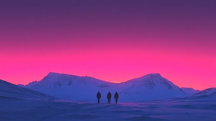 Minimalist Antarctic landscape at dusk with gradient sky, snow-capped mountains, and small people silhouettes in the foreground, showcasing tranquil beauty and solitude.