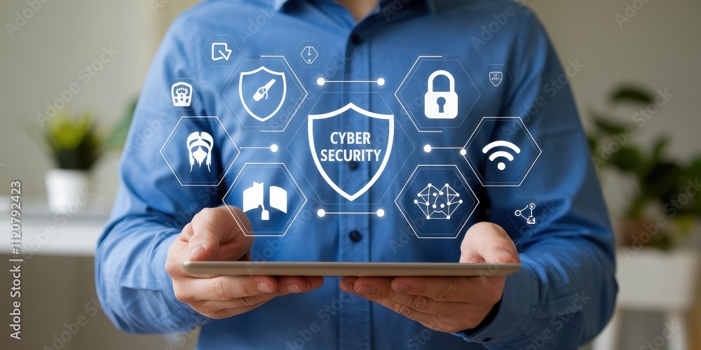 Poster cybersecurity concept with icons and tablet display