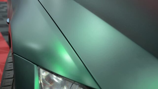 Process of applying a green PPF film to a car. Close up footage of applying a film on a car. Close up