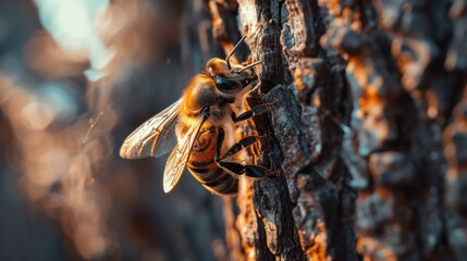 A macro shot of a bee collecting resin from a tree which they use to strengthen their hive reflecting the importance of security measures and protocols in a blockchain network.