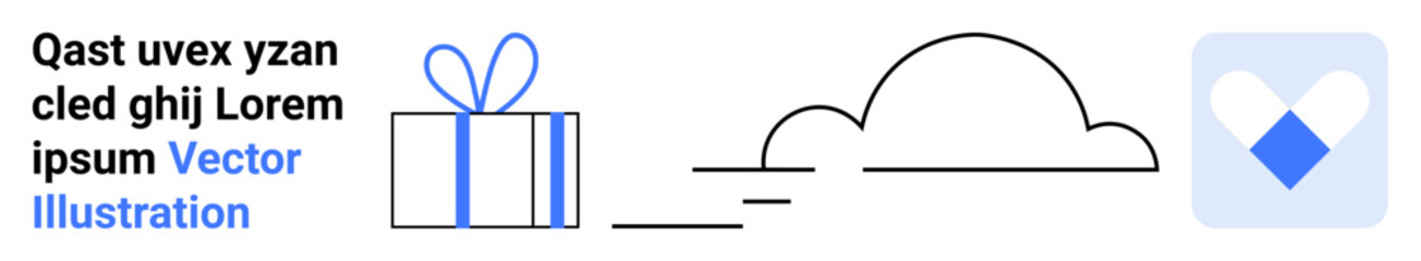 Gift box with bow, stylized cloud, heart icon with blue diamond center, and placeholder text. Ideal for web interfaces, app design, digital marketing, branding, user experience infographic elements