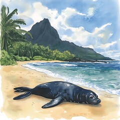 Watercolor painting of a Hawaiian monk seal resting on a sandy beach with palm trees and volcanic mountains in the background.